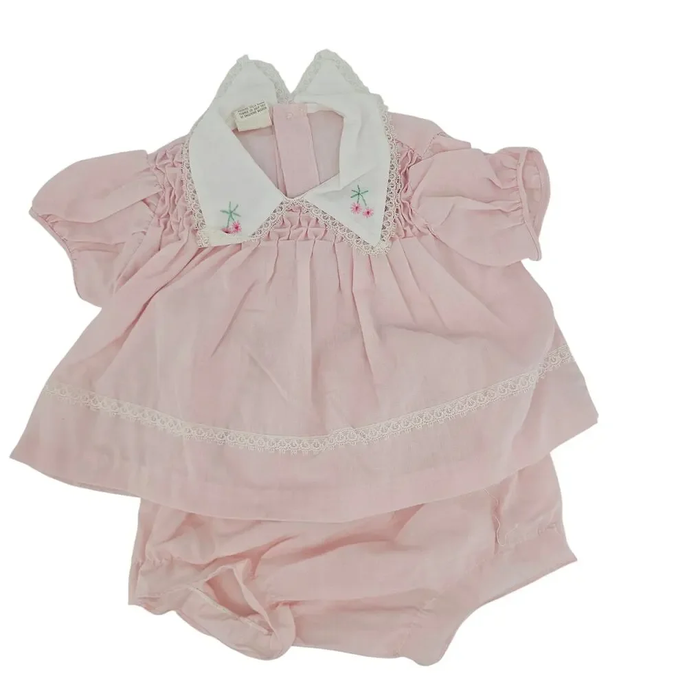 Vintage 70's Pastel Pink Lace Ruffle Frilly Smocked Dress Baby Girl 18 mo 4035
